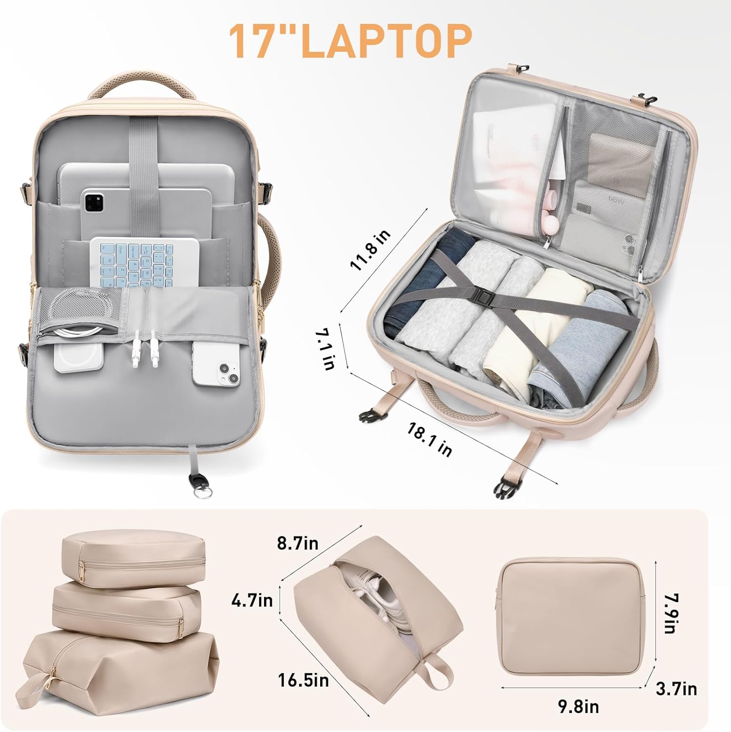 Travel Backpack for Women Men 40L Expandable Carry on Backpack for Airplanes with 3 Packing Cubes - Image 4