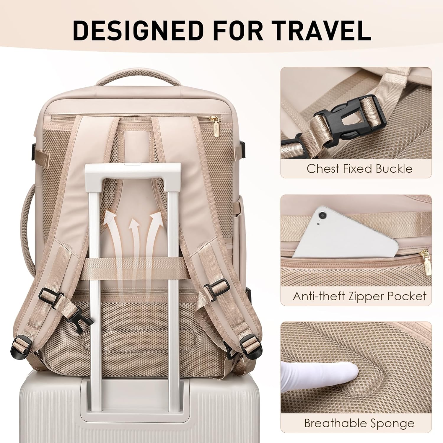 Travel Backpack for Women Men 40L Expandable Carry on Backpack for Airplanes with 3 Packing Cubes - Image 5